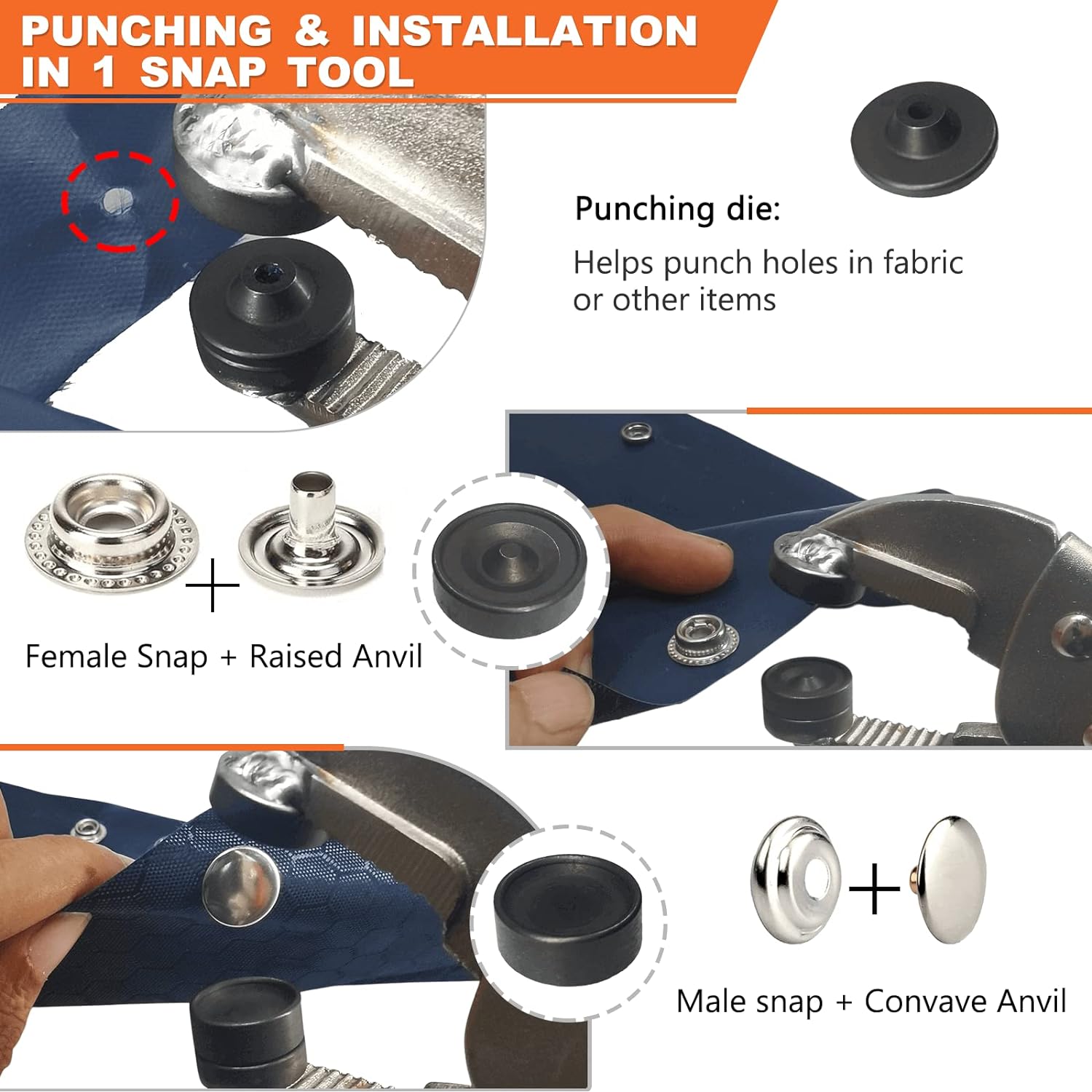 Heavy Duty Snap Fasteners Kit, Snap Fastener Pliers for Metal Snaps Installation on Boat Cover/Canvas/Carpet/Leather, Snap Fastener Tool with Screw Snap& Stainless Steel 15mm Marine Snaps-by MinliGUY - Image 7